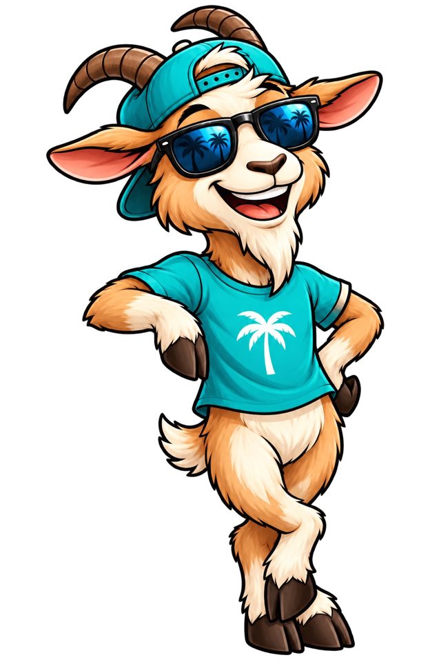 Toby the Tote Goat, the mascot, leaning against stacked teal totes