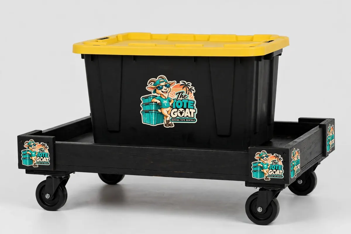 40-gallon tote on a custom rolling dolly